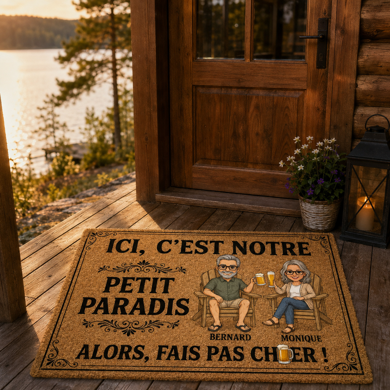 Tapis Personnalisé Couple avec Photo et Prénoms – « Ici, C’est Notre Petit Paradis » – Cadeau Maison Drôle et Original