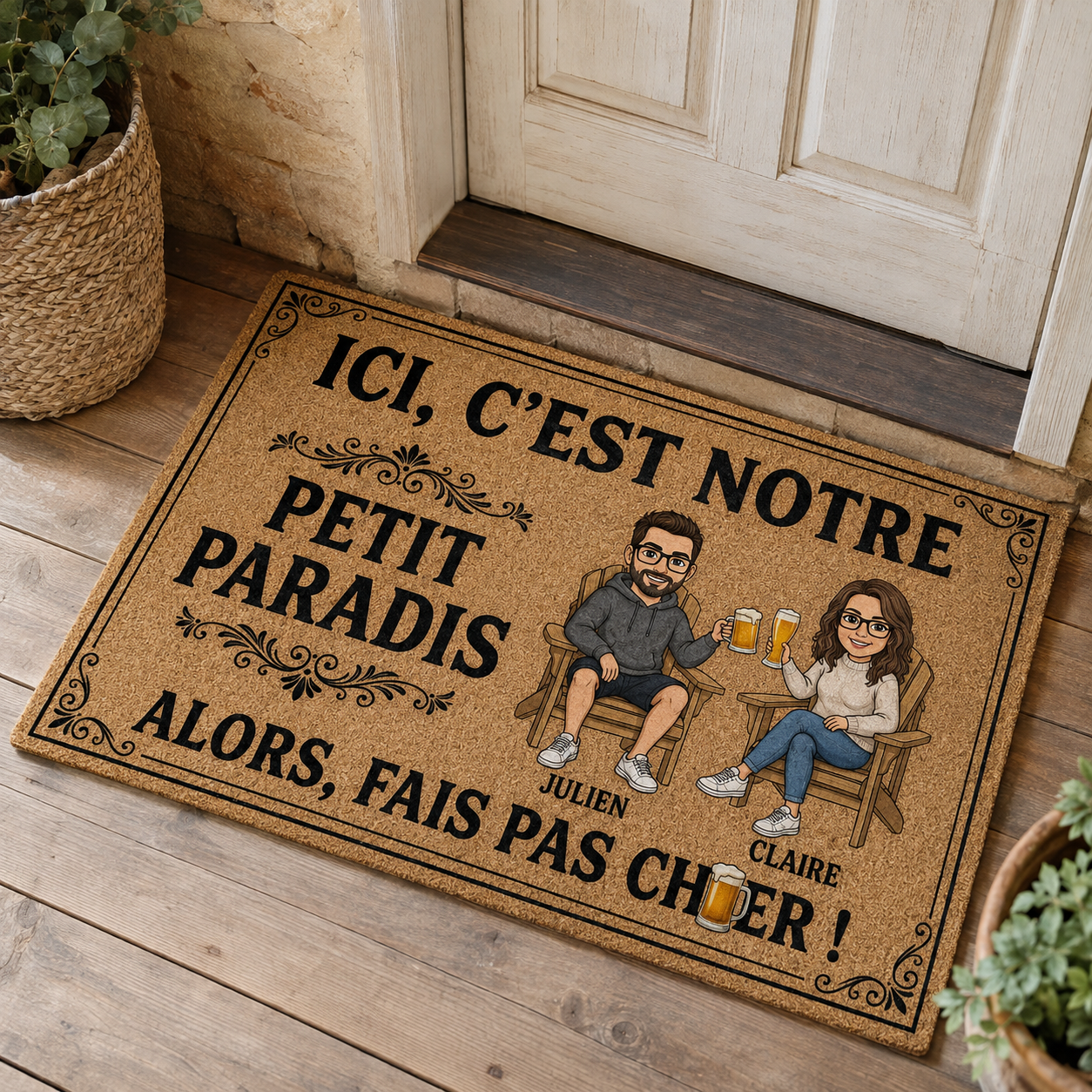 Tapis Personnalisé Couple avec Photo et Prénoms – « Ici, C’est Notre Petit Paradis » – Cadeau Maison Drôle et Original