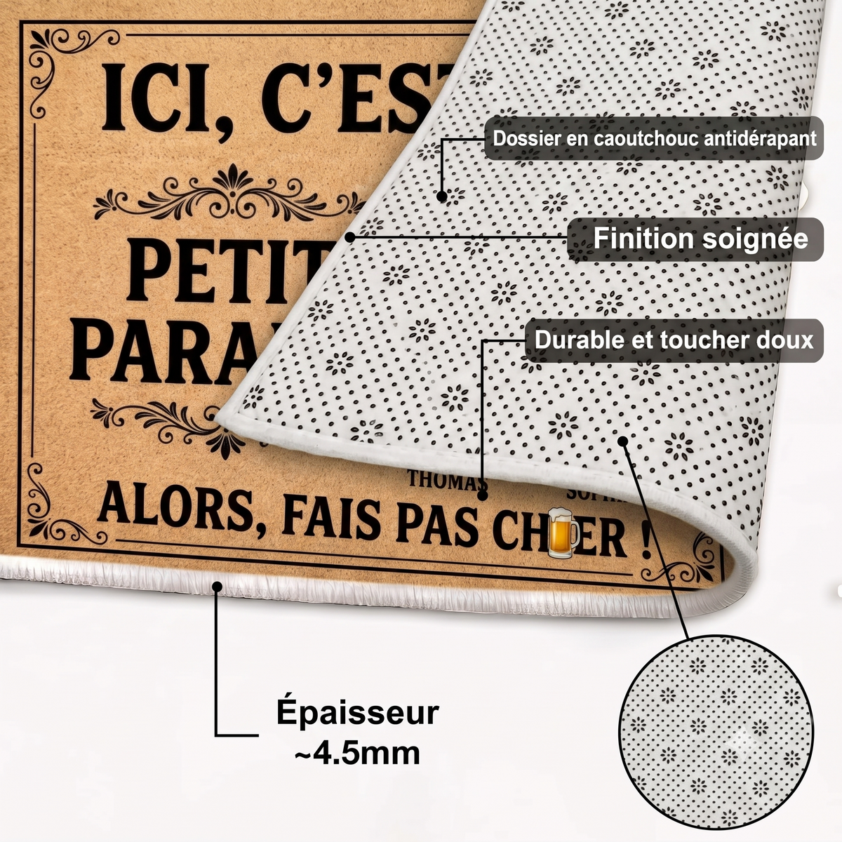Tapis Personnalisé Couple avec Photo et Prénoms – « Ici, C’est Notre Petit Paradis » – Cadeau Maison Drôle et Original