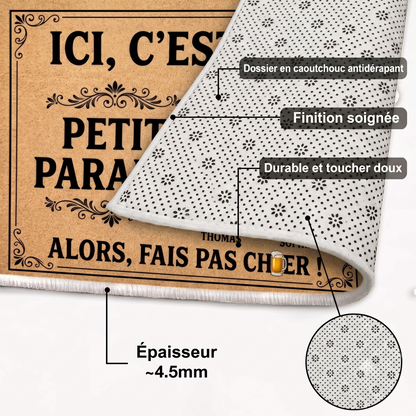Tapis Personnalisé Couple avec Photo et Prénoms – « Ici, C’est Notre Petit Paradis » – Cadeau Maison Drôle et Original