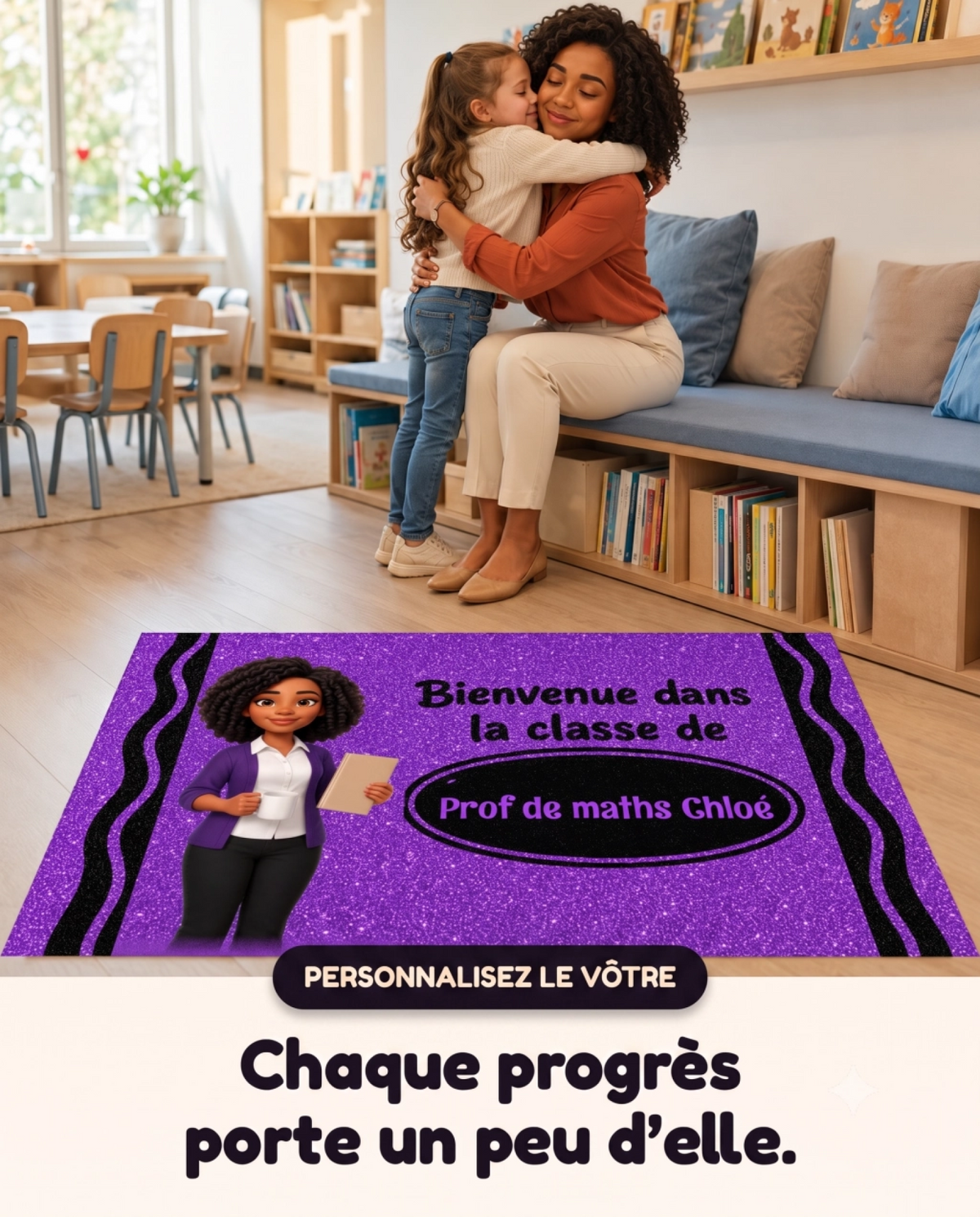 Tapis de classe personnalisé avec portrait et prénom – Cadeau maîtresse, maître, ATSEM ou AESH
