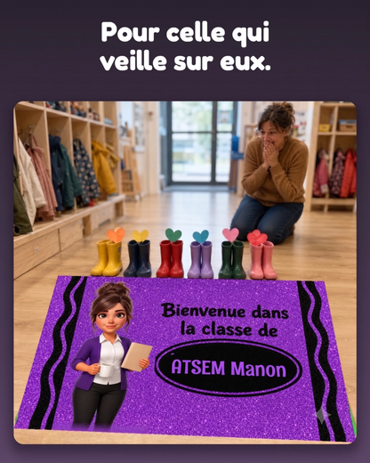 Tapis de classe personnalisé avec portrait et prénom – Cadeau maîtresse, maître, ATSEM ou AESH
