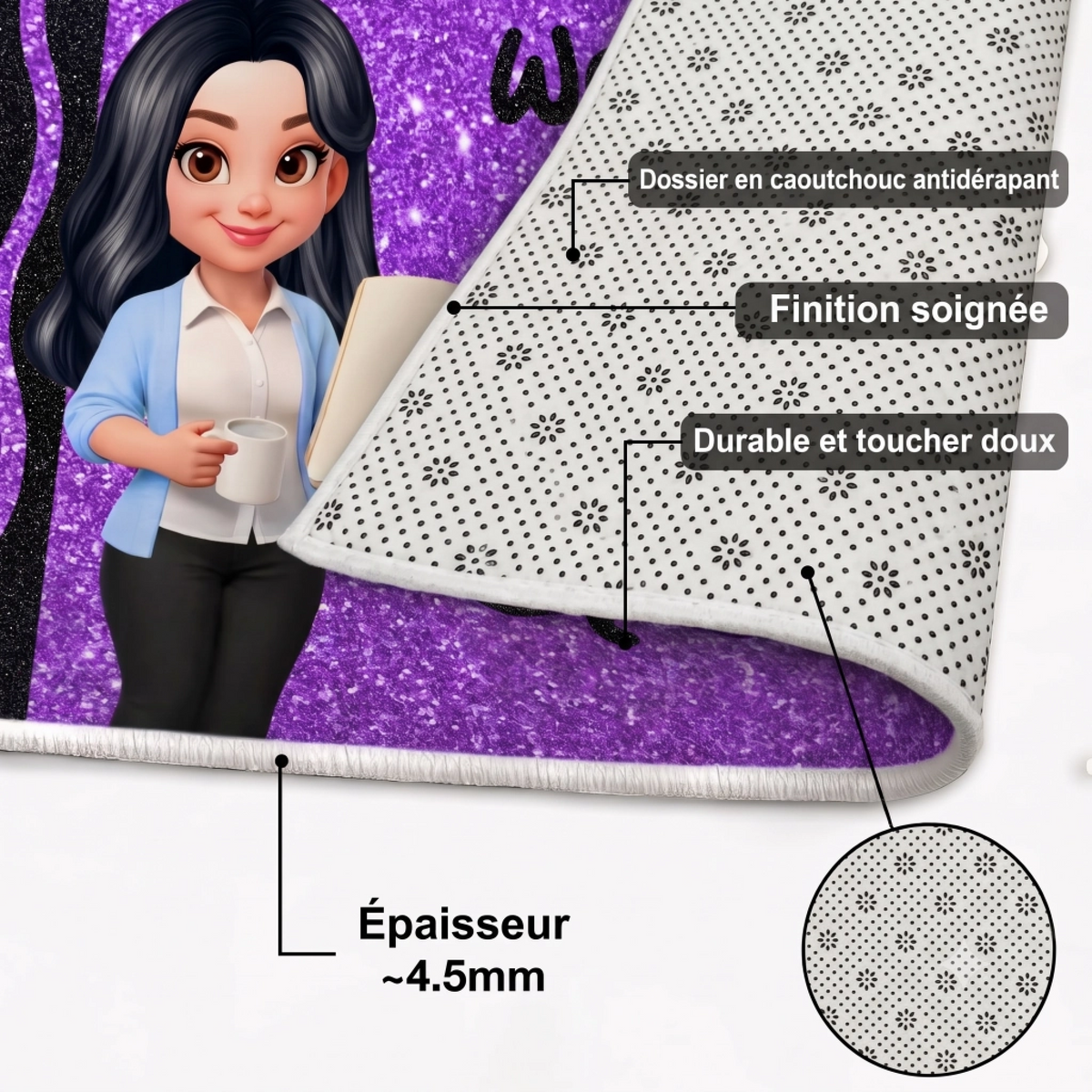 Tapis de classe personnalisé avec portrait et prénom – Cadeau maîtresse, maître, ATSEM ou AESH