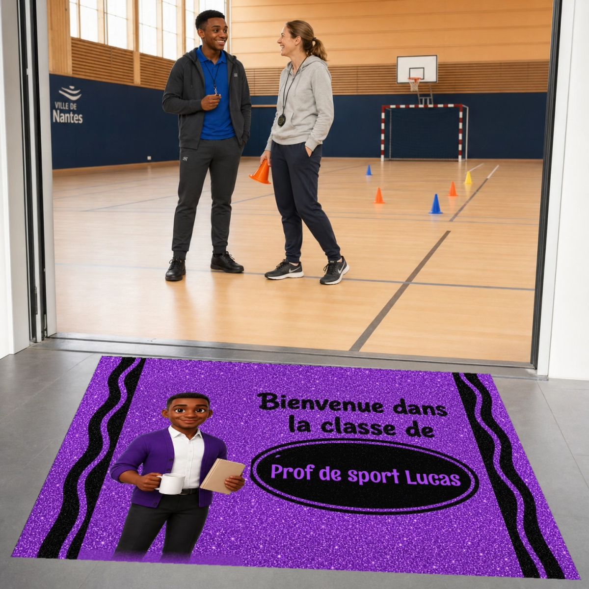 Tapis de classe personnalisé avec portrait et prénom – Cadeau maîtresse, maître, ATSEM ou AESH