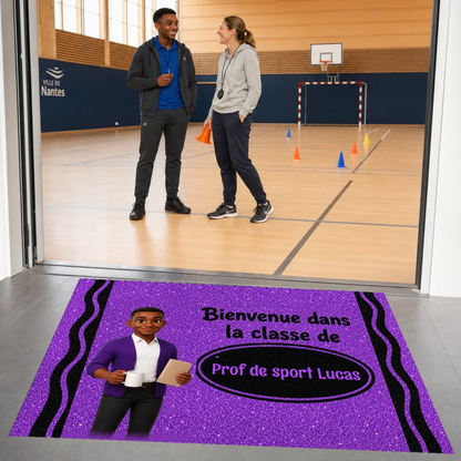 Tapis de classe personnalisé avec portrait et prénom – Cadeau maîtresse, maître, ATSEM ou AESH